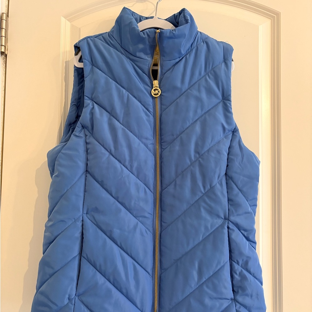 Michael Kors Sky Blue Quilted Puffer Vest with Gold Zip